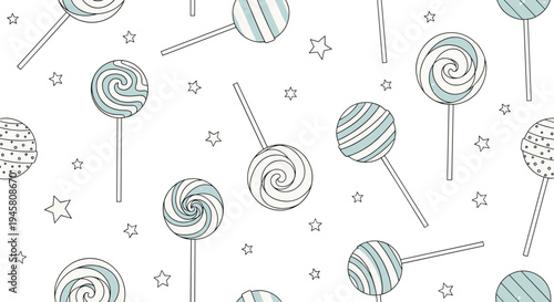 Sweet pattern featuring various blue and white striped lollipops and small stars scattered on a plain white background.