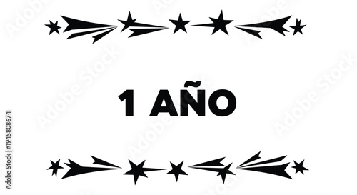 Celebration banner with 1 ano text in black between two decorative borders made of sharp stars and geometric shapes.