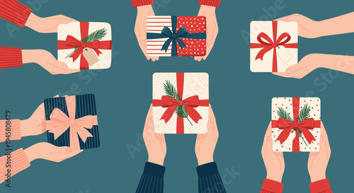 Group of people exchanging wrapped Christmas gifts with festive ribbons and pine decorations on a dark green background.