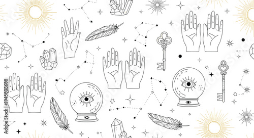 Mystical seamless pattern with occult symbols like palms, crystal balls, eyes, stars, moons, and constellations.