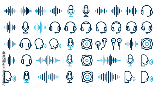 Collection of Audio and Sound Technology Icons. Featuring microphones, headphones, sound waves, and voice recognition symbols for digital communication and media applications.