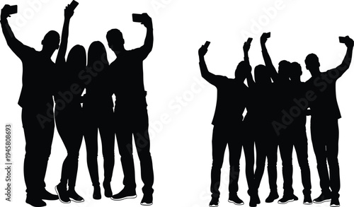 Friends taking selfie silhouettes, group of young people with smartphones, social media moment, friendship celebration concept, happy group photo illustration