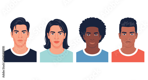 Avatars of four diverse young men with different ethnicities, hairstyles, and clothing styles on a plain background.