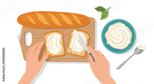 Top view of hands spreading white cream cheese or butter on slices of bread from a baguette on a wooden cutting board.