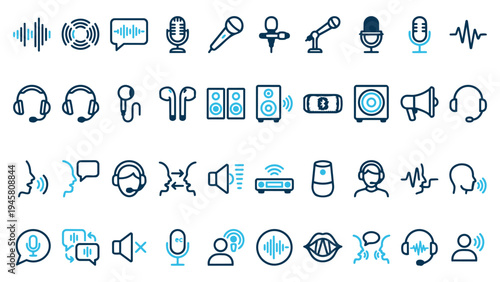 Audio and Voice Communication Icons Set. Collection of sound waves, microphones, headphones, speakers, and speech symbols for technology, podcasting, and digital media interfaces.