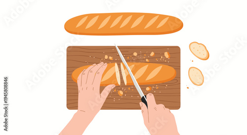 Top view of hands slicing a fresh crusty baguette bread with a knife on a wooden cutting board with crumbs around it.