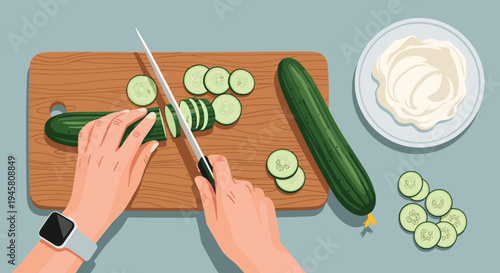 Overhead view of hands using a knife to slice a fresh green cucumber on a wooden cutting board in a minimal kitchen setting.