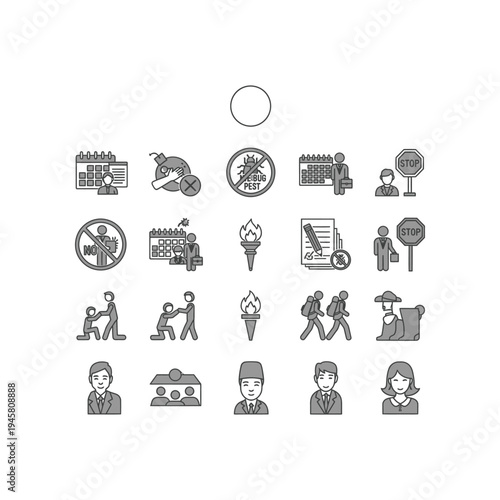 A collection of 20 monochrome icons depicting various workplace and social interactions