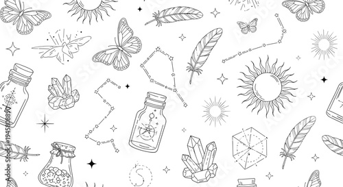 Detailed monochrome seamless pattern featuring mystic symbols like crystals butterflies suns constellations and glass jars.
