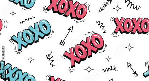 Fun seamless pattern with xoxo text in blue and pink pop art style with stars and arrows on a clean white background.