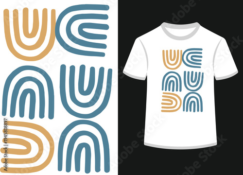 Boho rainbow abstract pattern design for t shirt mock up with warm colors and lines