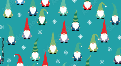 Charming seamless pattern of colorful Christmas gnomes and snowflakes on a bright teal or turquoise background.