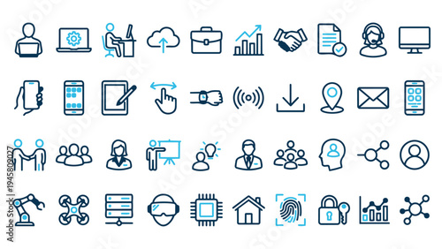 Comprehensive Collection of People, Technology, and Smart Living Icons for Business, Innovation, and Security Concepts
