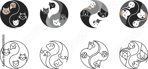 Yin Yang Cats and Dogs Illustration Set with Cute Pet Animals Forming Harmony Balance Symbol Circular Design