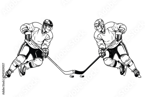 Two hockey players in action skating and holding sticks