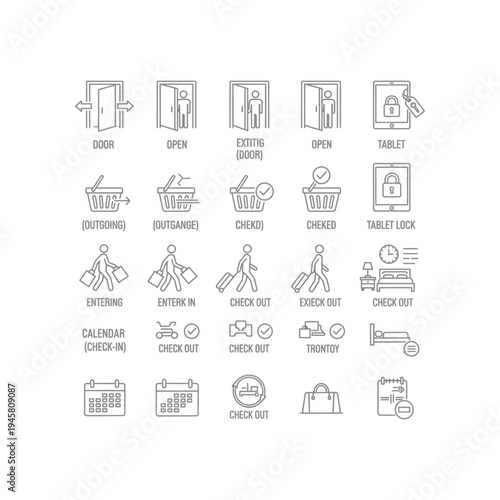Hotel icons for check-in and check-out processes
