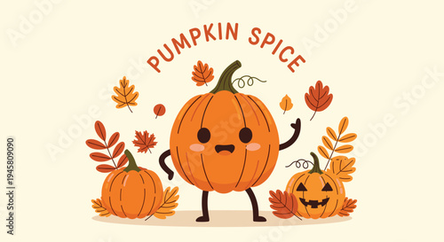 Adorable pumpkin spice character with a smiley face surrounded by autumn leaves and other pumpkins on cream base.