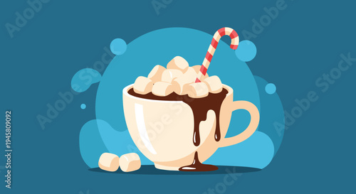 Delicious cup of hot chocolate topped with plenty of marshmallows and a striped candy cane on a blue background.