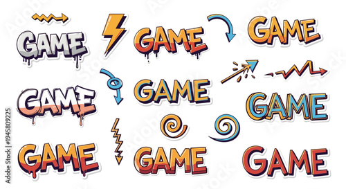 Game text graffiti stickers set with various fonts, colors, and decorative elements like lightning bolts, arrows, and swirls.