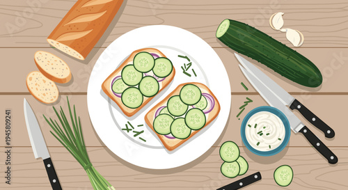 Top view of healthy cucumber and cream cheese sandwiches on a plate, surrounded by ingredients, bread, chives, and kitchen knives.