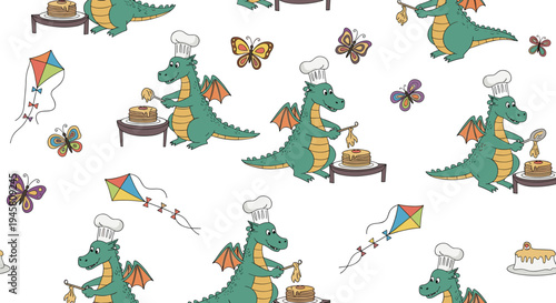 Cute dragon chef seamless pattern showing little green dragons wearing tall hats and cooking pancakes among butterflies and kites.