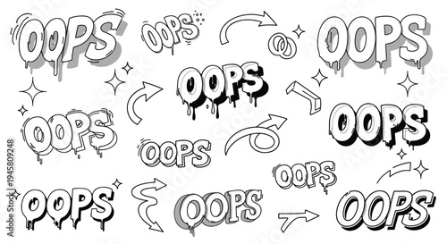 Oops text graffiti stickers in various fonts and styles with comic elements like drips, arrows, stars, and sparkles in black and white.
