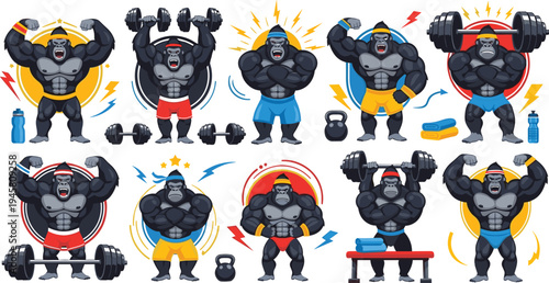 Gorilla Bodybuilder Fitness Cartoon Vector Set with Muscular Gorilla Athletes Lifting Weights and Training in the Gym.