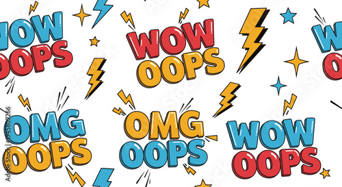 Vibrant comic style seamless pattern featuring words like wow, oops, and omg with lightning bolts, stars, and bold outlines.