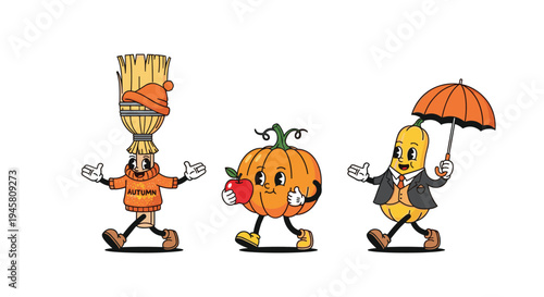 Retro cartoon style autumn characters including a broom, a pumpkin holding an apple, and a butternut squash with an umbrella.