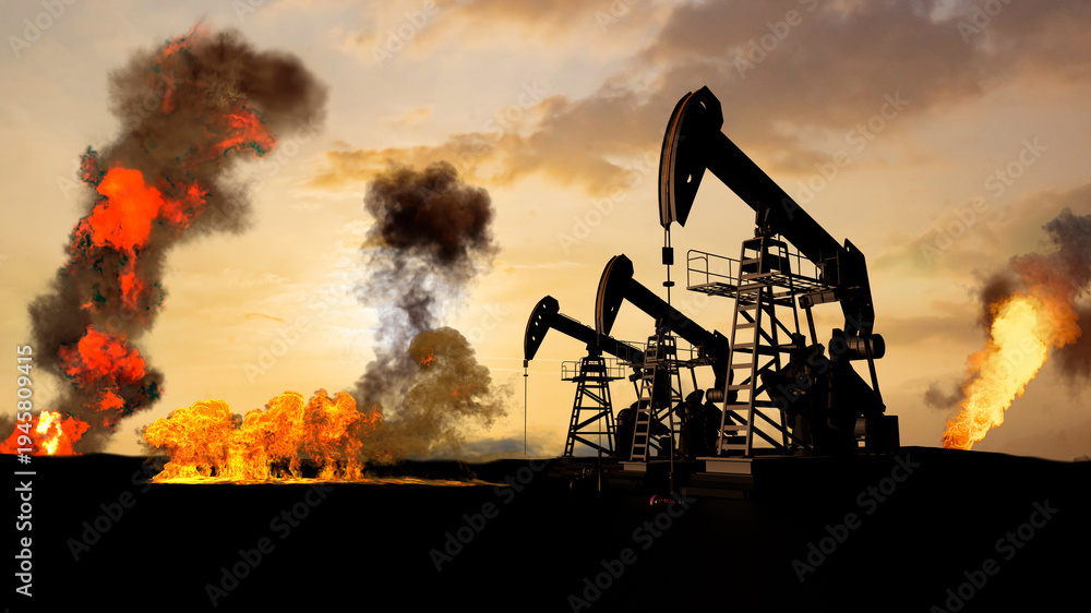 Fototapeta premium Oil pump jacks silhouettes against massive explosion and fire at oil field from missiles during the war with Iran dramatic 3D render concept