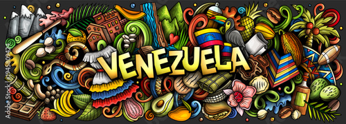 Colorful cartoon doodle vector illustration of Venezuela with cultural icons, nature, food, national clothing, and tropical elements. Funny Venezuelan whimsical banner design in a vibrant, playful sty