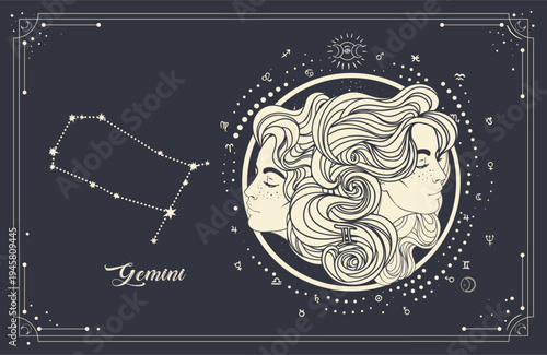 Vector line art of Gemini zodiac woman with sacred geometry and celestial star chart. Modern mystical astrology illustration connected with horoscope reading, new age spirituality and cosmic symbolism