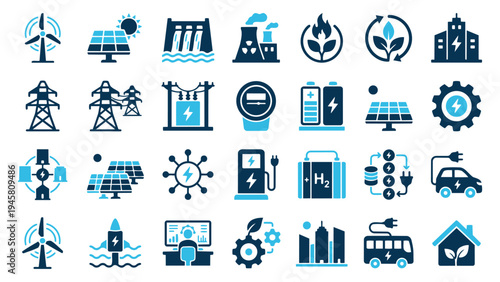 Comprehensive Collection of Renewable Energy and Sustainable Power Icons in Blue and Black Vector Style
