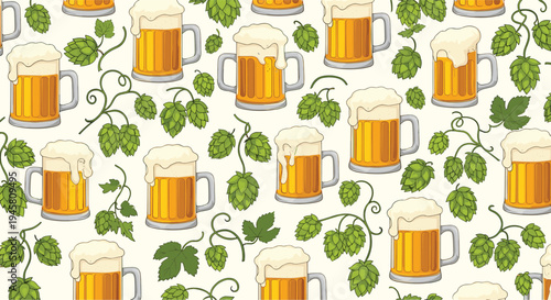 Beer and hops seamless pattern featuring full mugs of frothy lager and green hop vines with leaves on a light background.
