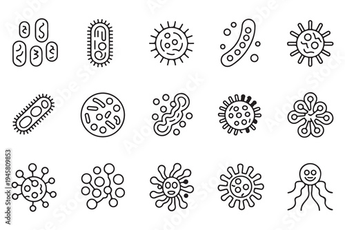 Abstract Outline Icons of Microorganisms: Vector Collection of Bacteria, Viruses, and Germs for Biological and Medical Illustrations