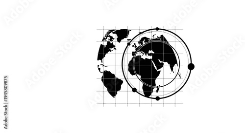 Black and white world map illustration.