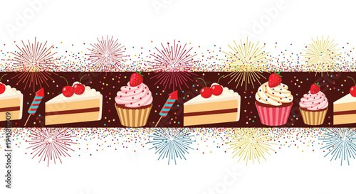 Celebration border design with cupcakes, cake slices, fireworks, and colorful confetti on a dark chocolate background.