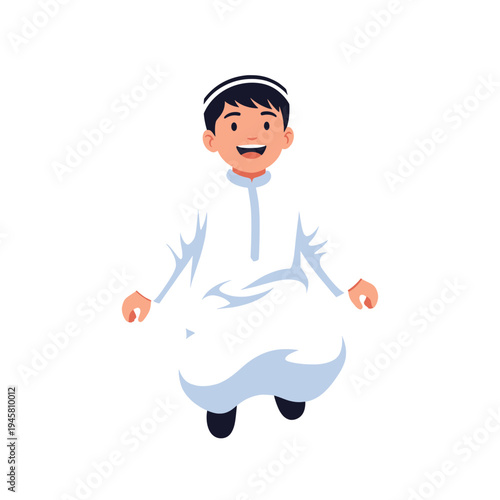 A smiling boy wearing traditional attire jumping happily outdoors