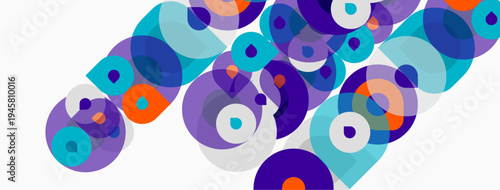 Abstract circles overlap, creating vibrant patterns. Blue, purple, orange hues dominate composition. Modern design element.