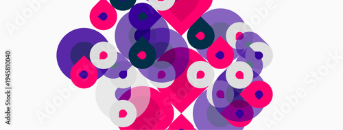 Abstract composition featuring overlapping circles. Pink, purple hues dominate white background. Modern, playful design elements present.