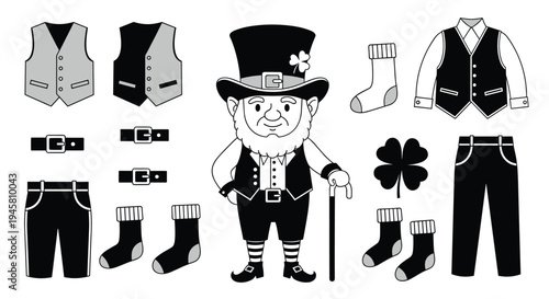 Leprechaun character and Irish holiday outfit elements set including vest, pants, socks, hat, shamrock, and walking stick.