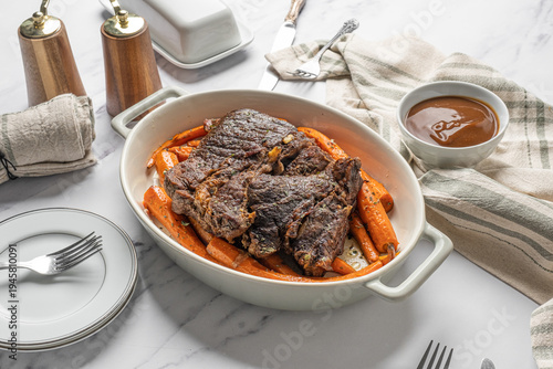 Slika na platnu Beef pot roast with roasted carrots. American food dinner