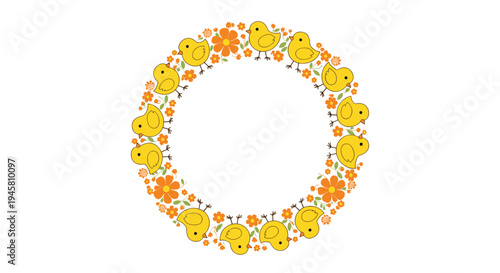 Playful circular frame composed of adorable yellow cartoon chicks and bright orange flowers perfect for spring or easter designs.