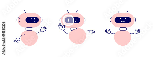 Set of android robots. Abstract ai character in different positive emotions. Cute chatbot robot smiling, searching, showing. Virtual assistant vector illustration. Artificial intelligence technology  