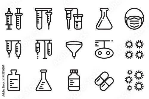 Comprehensive Set of Medical and Laboratory Outline Icons for Science, Healthcare, and Research. Vector Illustration of Syringes, Test Tubes, Flasks, Masks, and Pills.
