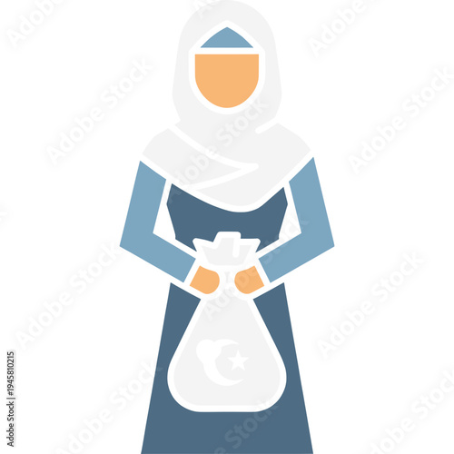 Woman wearing a hijab holds a bag in a simple illustration style