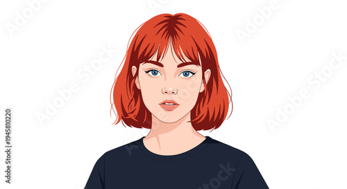 Stylized digital portrait of a beautiful young woman with vibrant red hair and expressive blue eyes on a white background.