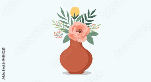 Minimalist floral illustration featuring a charming bouquet of peach and yellow flowers in a classic terracotta vase.