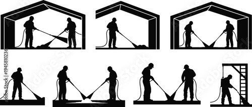 Black silhouettes of professional industrial cleaners using high pressure washers and sprayers for roof maintenance, surface cleaning, and home services.