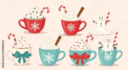Cozy collection of festive holiday hot cocoa mugs adorned with snowflakes red bows marshmallows and cute snowmen.